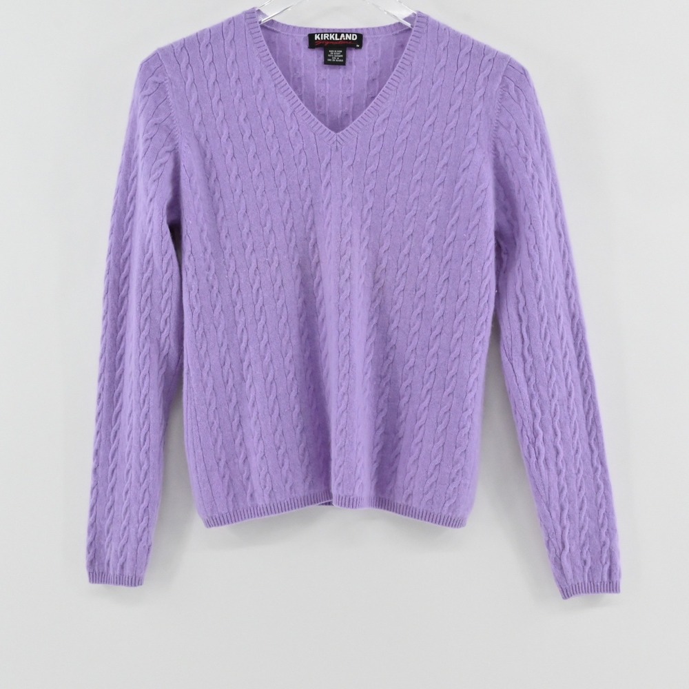 Kirkland Cashmere Cable Knit Sweater Womens Size M Purple V-Neck Vintage Y2k